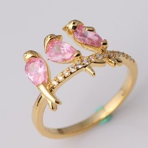 Gold Plated Birds Sitting on a Wire Pink Zirconia